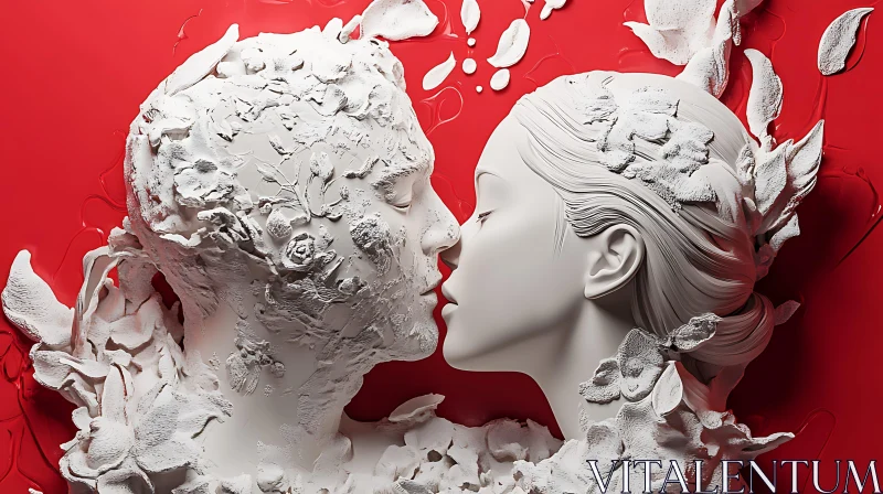 White Sculpture of Kissing Couple on Red