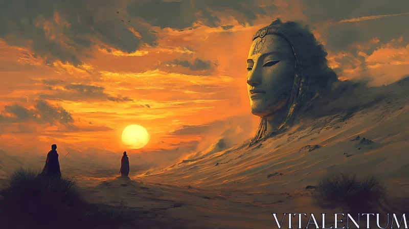 Desert Sunset with Colossal Face Sculpture