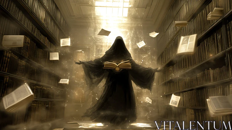 Mystical Library Scene with Cloaked Figure