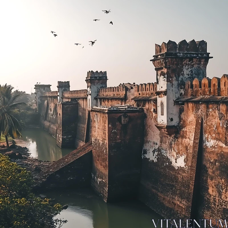 Historical Fortress with Moat and Birds