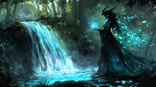Mystical Elf by the Waterfall
