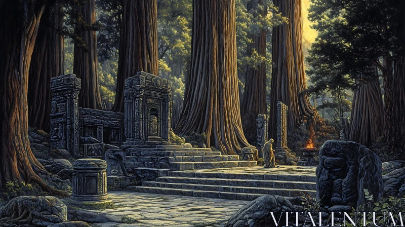 Monk by Stone Ruins in Tranquil Forest