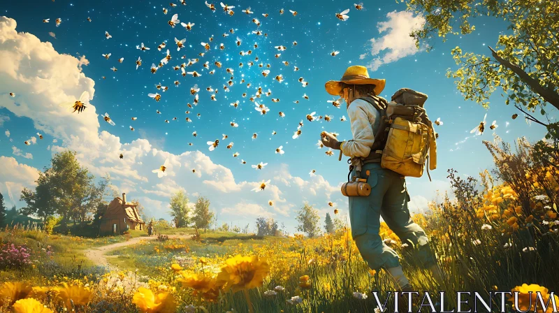 Person Surrounded by Bees in Meadow