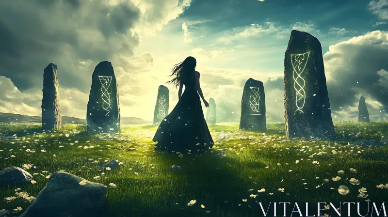 Woman among Standing Stones with Runes