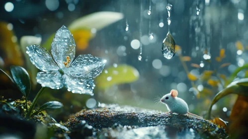 Mouse with Transparent Flower in the Rain
