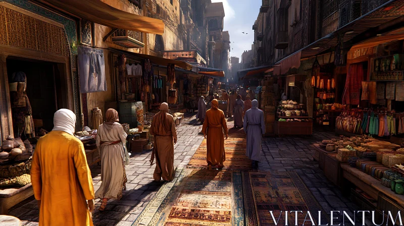 Middle Ages street with carpet and people