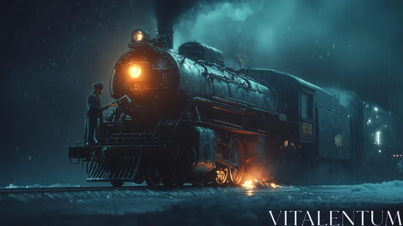 Vintage Locomotive in Rainy Night