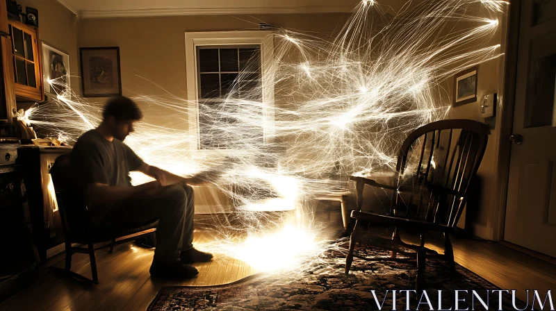 Man Creating Light Art in Room