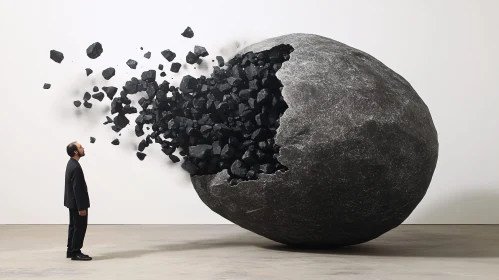 Man Observing Fractured Stone Ball