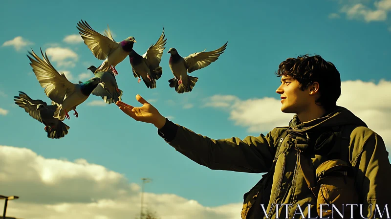 Pigeons Flying Near Man