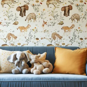 Whimsical Animal Wallpaper and Cozy Living Room Setup