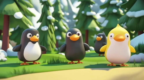 Penguin Cartoon Group in Snowy Forest