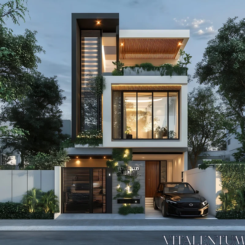 Contemporary Home Exterior with Black Car and Green Decor