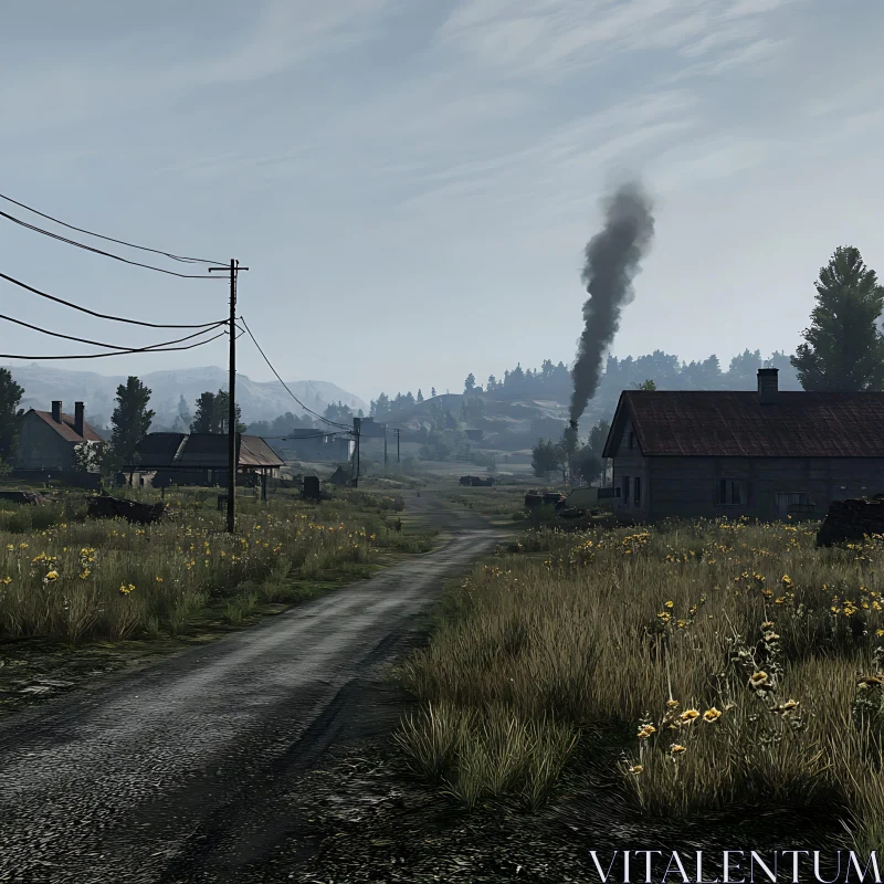 Serene Countryside View with Smoke Plume