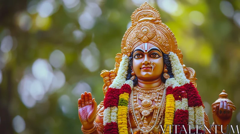 Golden Hindu Deity Statue with Garland