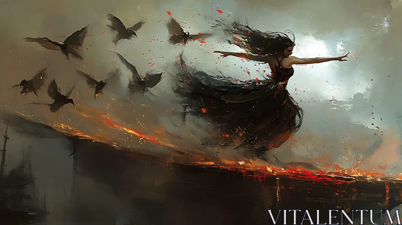 Dark Abstract Painting with Woman and Birds