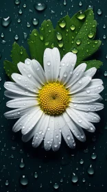 White Daisy Adorned with Water Droplets on Opal Green Background