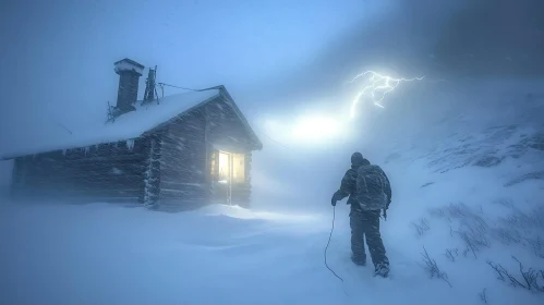 Snowy Cabin Under Lightning