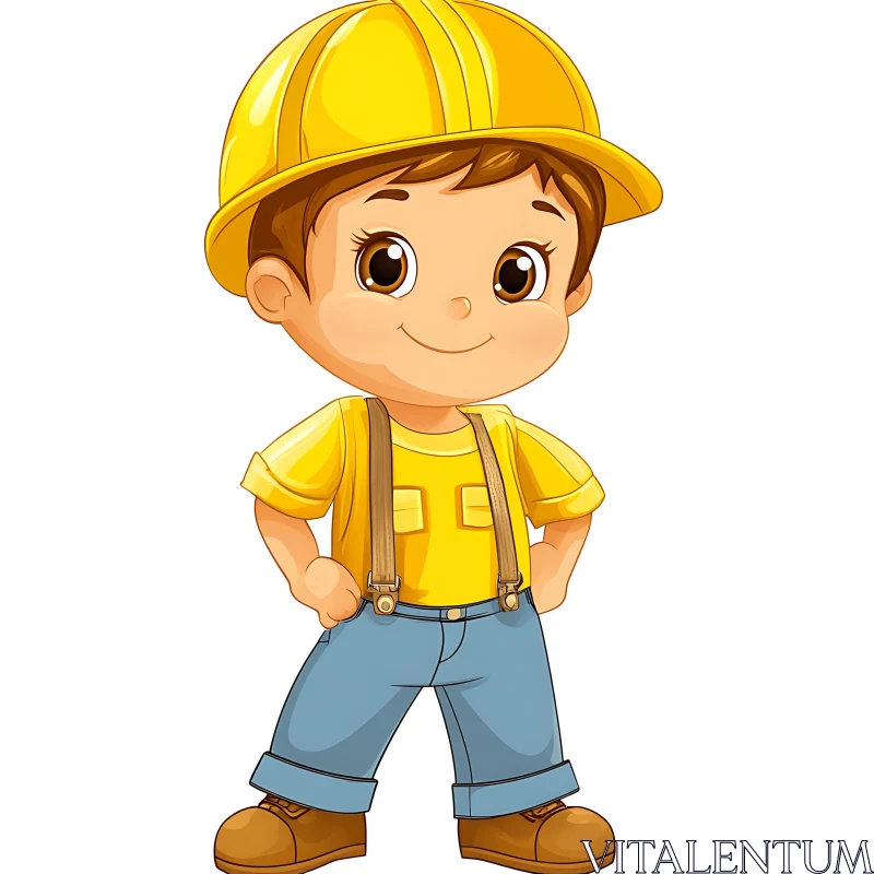 Young Cartoon Builder with Hard Hat