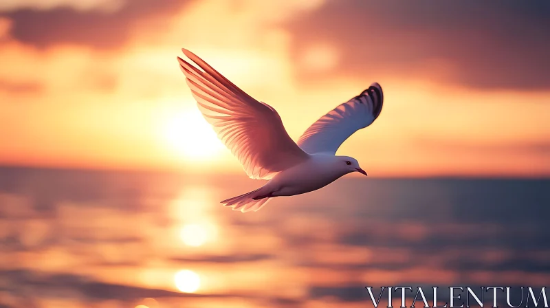 Bird Flying Over the Ocean Sunset