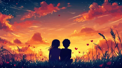Silhouette Couple at Sunset with Hearts