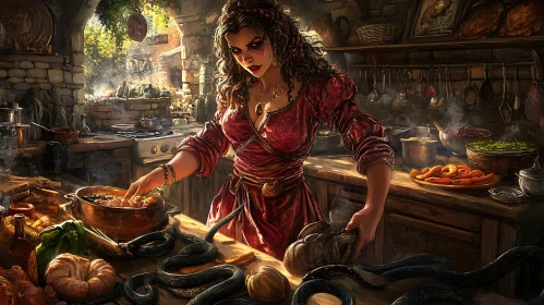 Mystical Kitchen Scene with Witch and Snakes