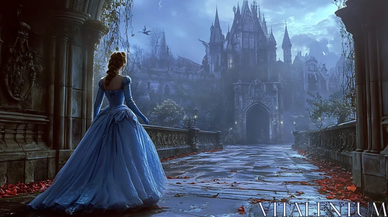 Woman in Blue Dress at Gothic Castle