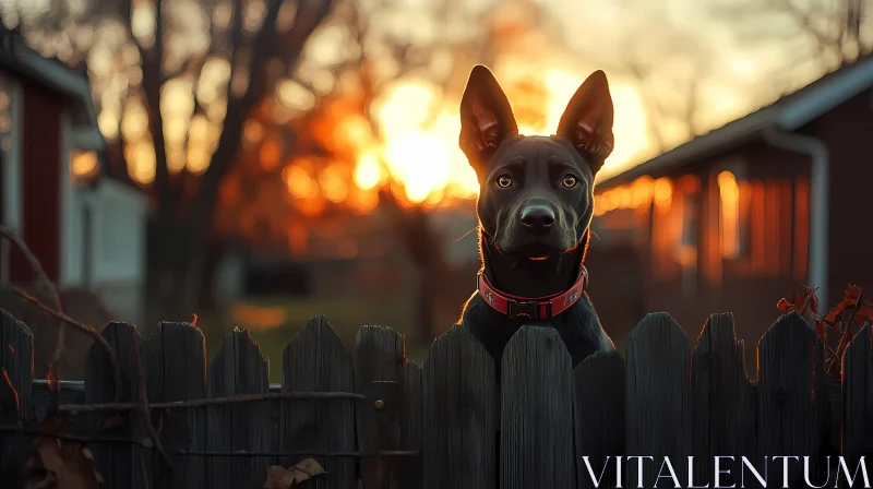 Dog Watching Sunset from Fence