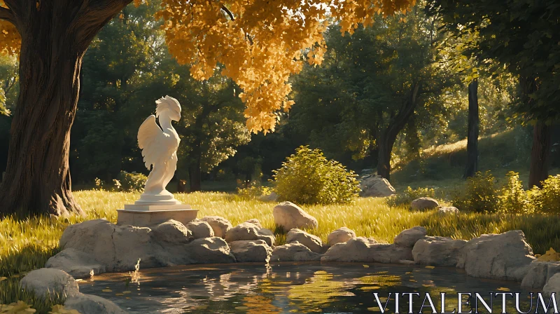 Peaceful Park with Statue and Pond