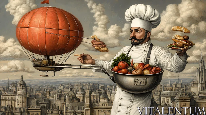 Culinary Chef with Air Balloon Above Cityscape