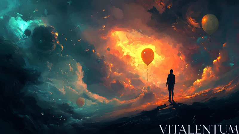 Dreamscape with Figure and Floating Balloons