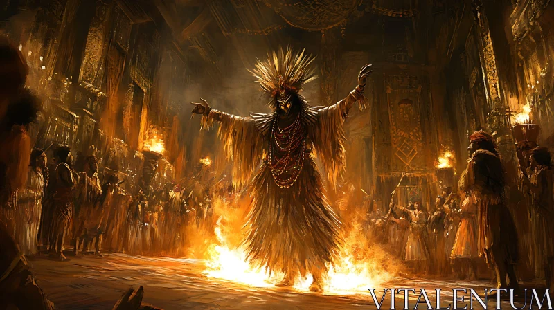 Ornate Ritual in Ancient Hall with Fire