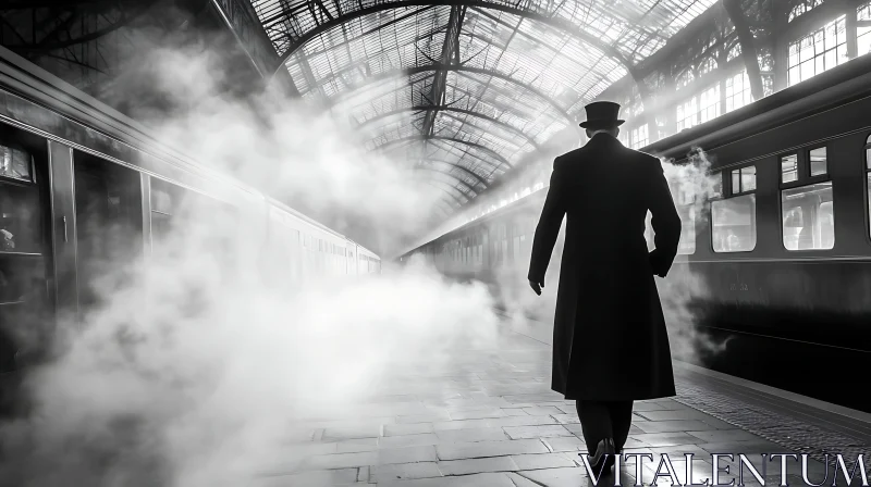 Monochrome Man on Platform with Steam