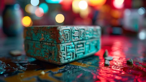 Exquisite Ancient Stone Box with Intricate Carvings on Wooden Table