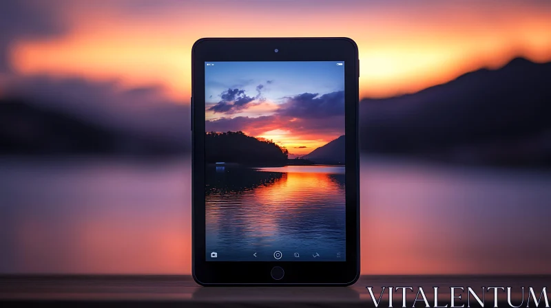 Tablet Displaying Sunset Over Water
