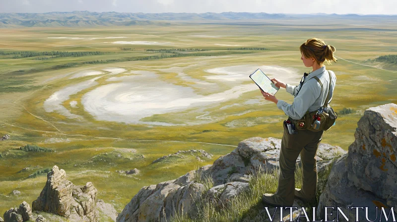 Woman Navigator on Rocky Hill Scenery