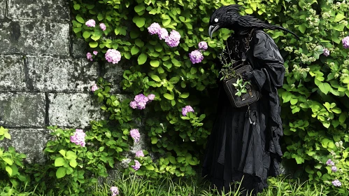 Mysterious Crow Character in Verdant Setting