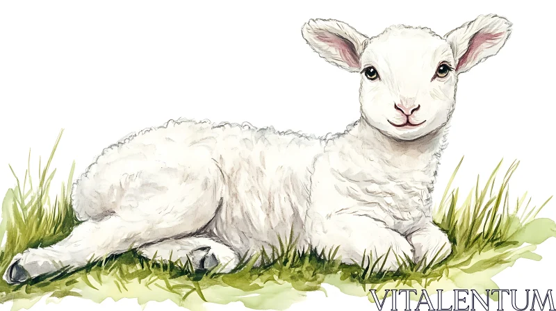 Watercolor Lamb in Meadow