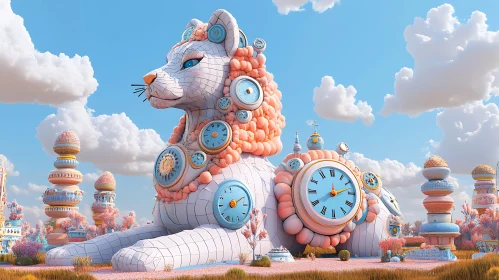 Surreal Cat Sculpture with Clocks