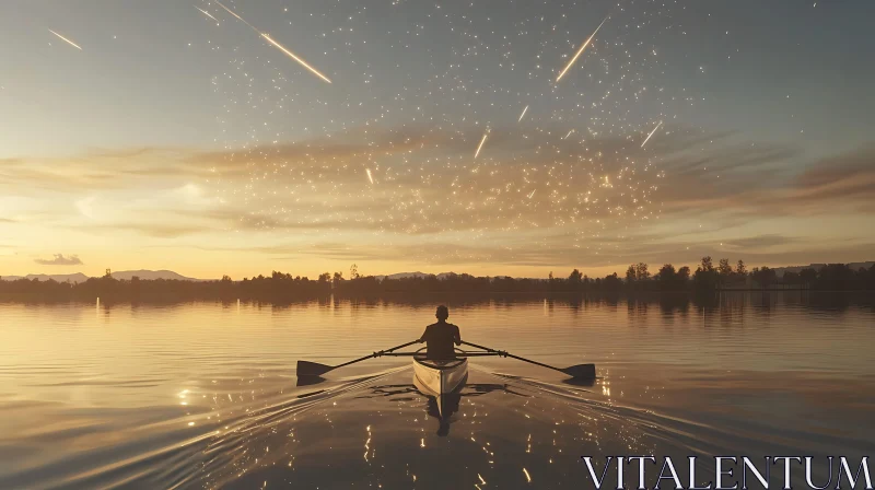 Lone rower under meteor shower