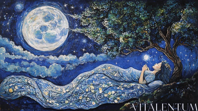 Woman Sleeping Under Moonlight, Night Scene