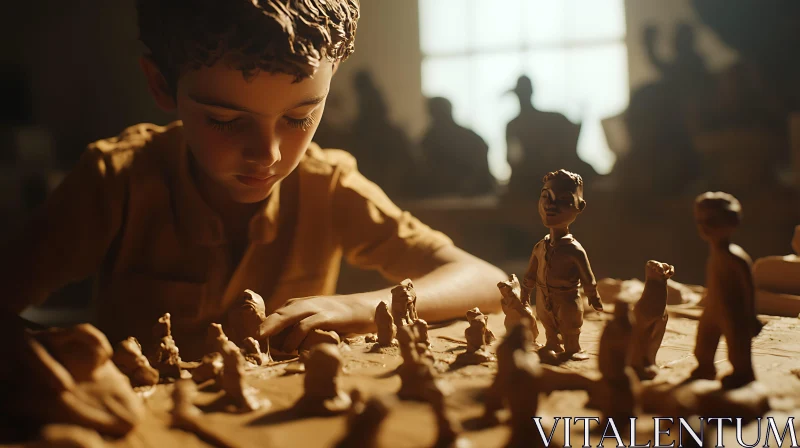 Child Artist Sculpts Clay Figures