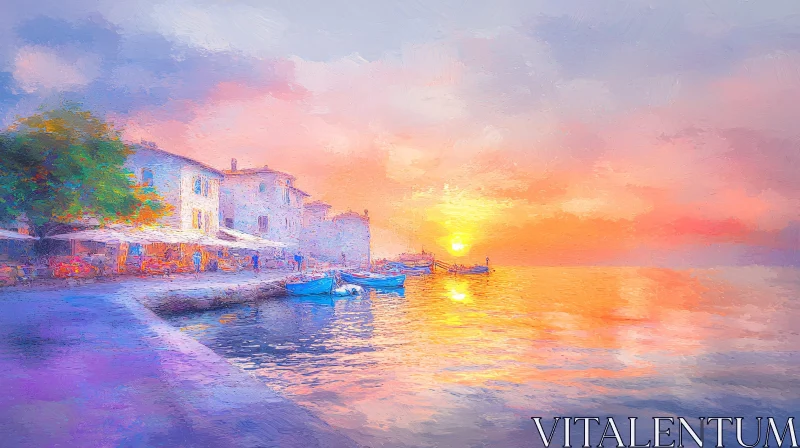Coastal Sunset Boats and Buildings Painting