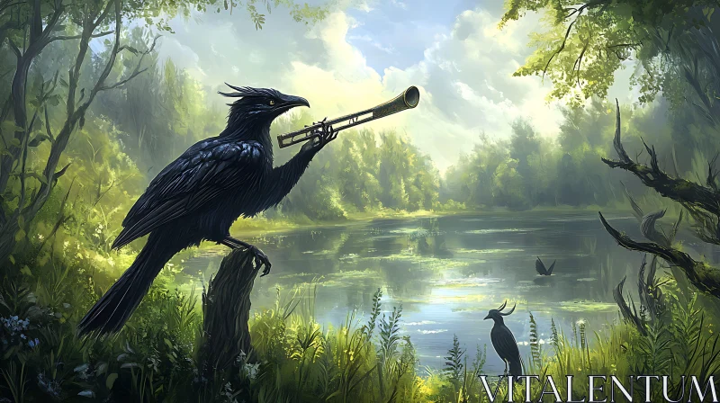 Bird with Trumpet by the Lake