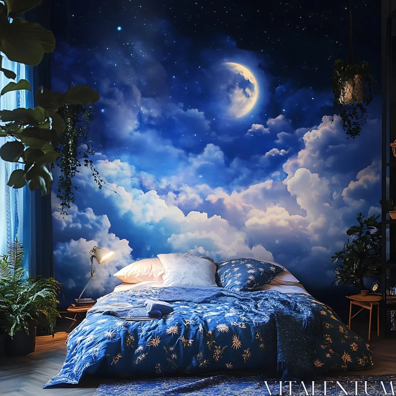 Serene Bedroom Interior with Moonlit Clouds