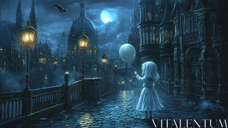 Moonlit Girl with Balloon in Gothic City