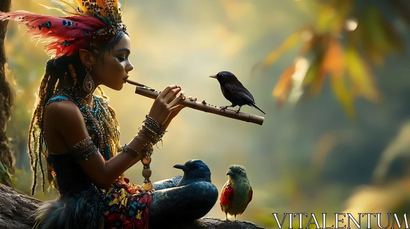 Woman Playing Flute with Bird Companions