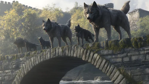 Pack of Wolves on Stone Bridge
