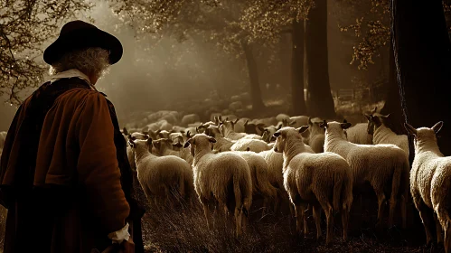 Rural Scene: Shepherd Guiding Sheep