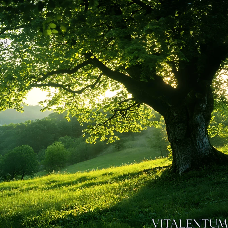 Sunlit Tree on Green Meadow